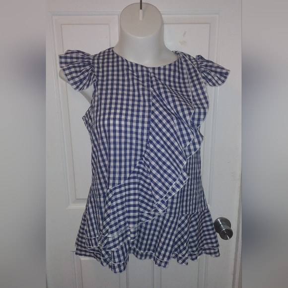 🆕Aomei Women's Top Sleeveless Blue Plaid Blouse Vintage Ruffle Trim Sz XL NWOT - Picture 8 of 9